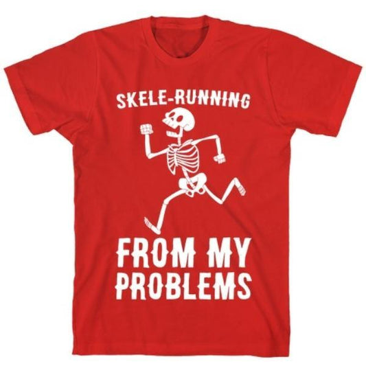 GYM FIT T-SHIRT SKELE-RUNNING FROM MY PROBLEMS RED T-SHIRT