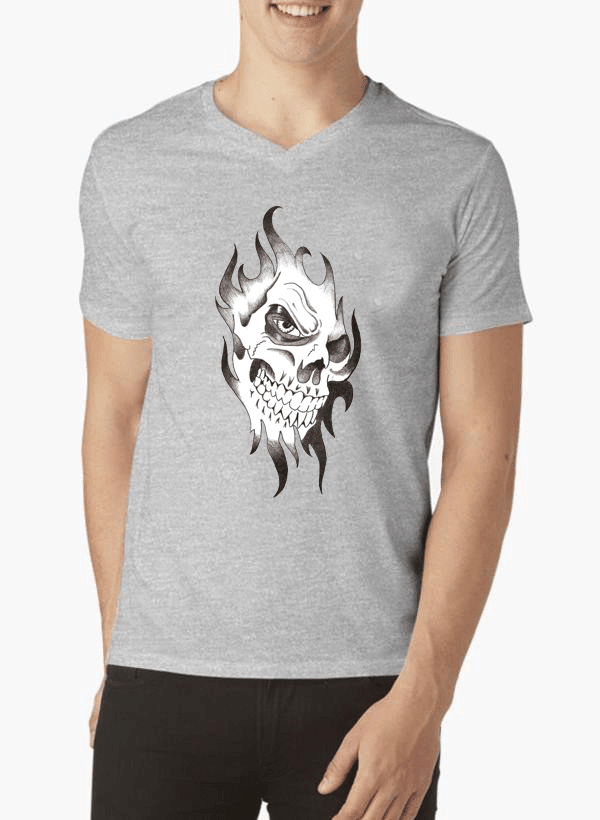 Aneeq Arshad T-shirt SMALL / Gray Skull Sketch Half Sleeves V-Neck T-shirt