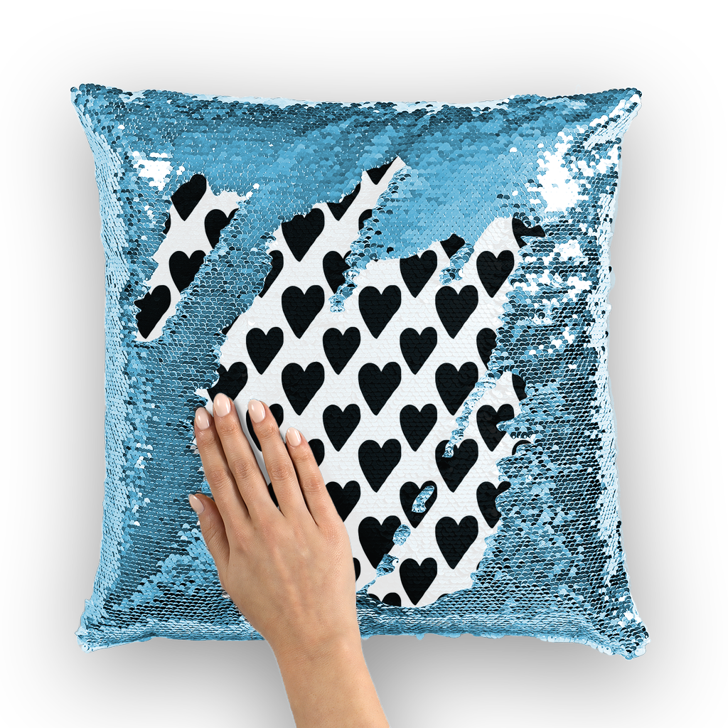 VIRGIN TEEZ Sequin Cover Light Blue / White Small Hearts Sequin Cushion Cover