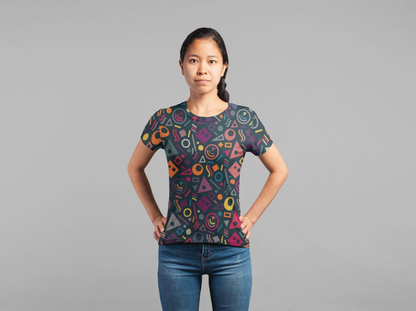 Studio mockup of a girl wearing an all over t-shirt-21781 (82) Classic Sublimation Women's T-Shirt