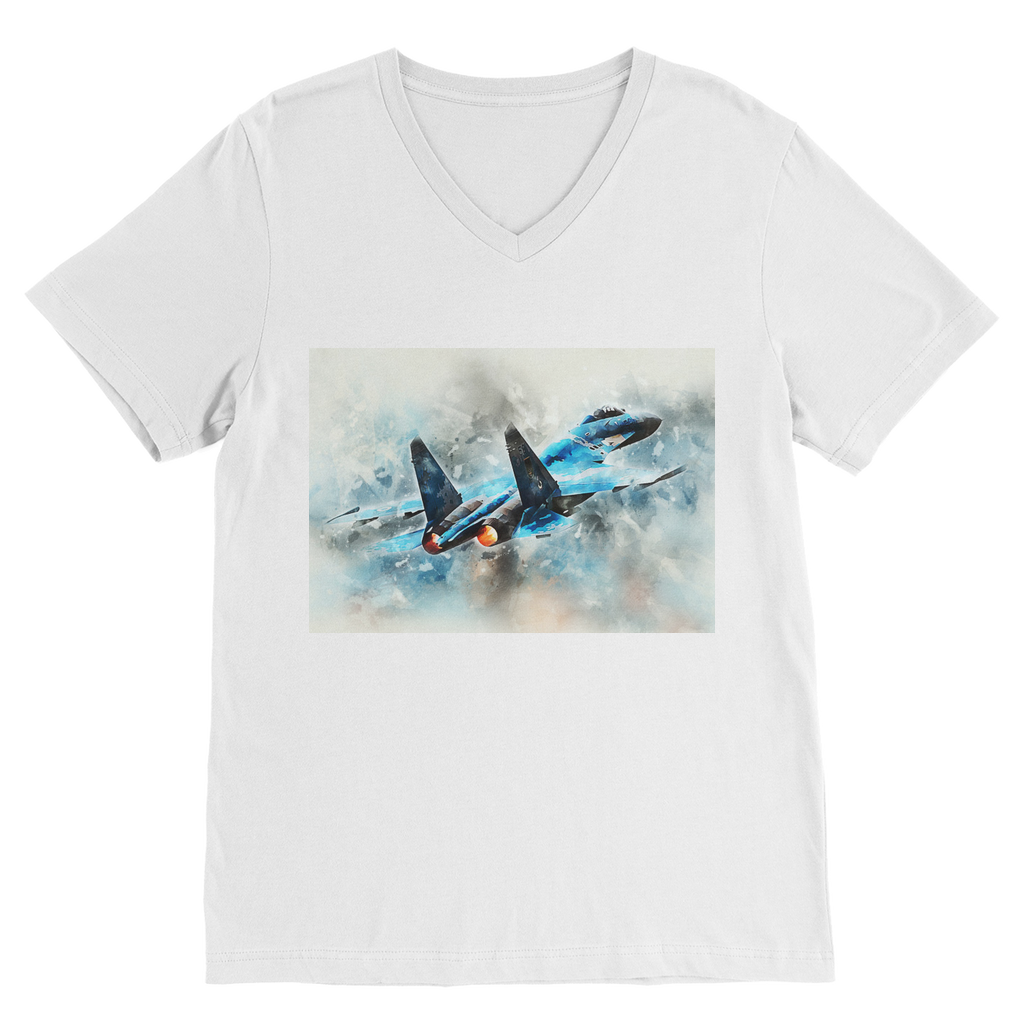 VIRGIN TEEZ Men T-Shirts White / Unisex / S SU-27 Flanker digital painting Premium V-Neck T-Shirt