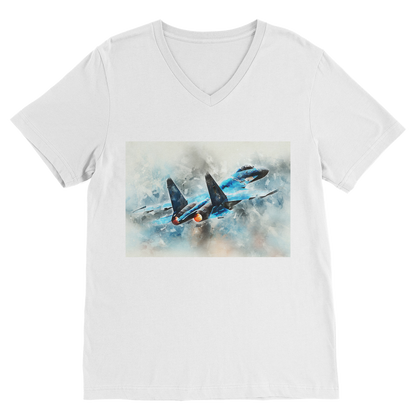 VIRGIN TEEZ Men T-Shirts White / Unisex / S SU-27 Flanker digital painting Premium V-Neck T-Shirt