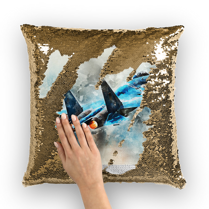 VIRGIN TEEZ Sequin Cover Gold / White SU-27 Flanker digital painting Sequin Cushion Cover