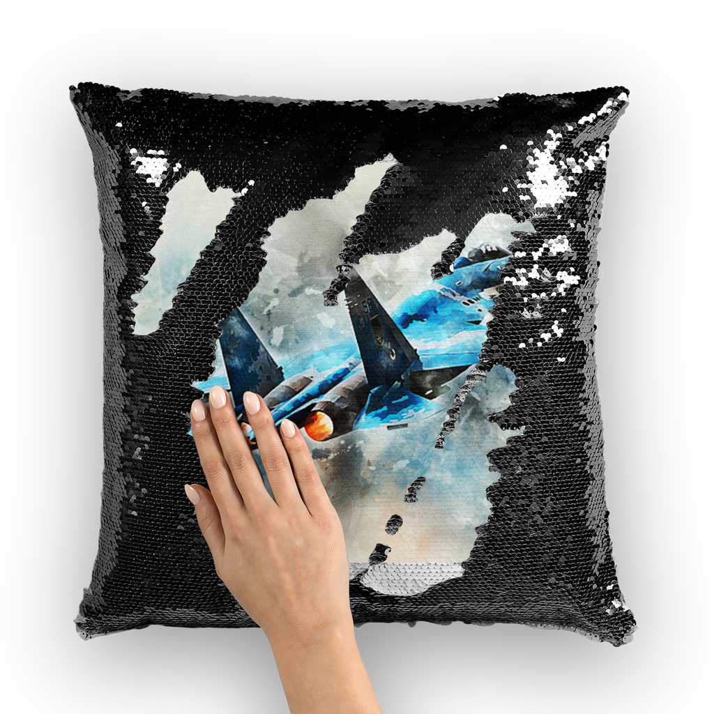 VIRGIN TEEZ Sequin Cover Black / White SU-27 Flanker digital painting Sequin Cushion Cover