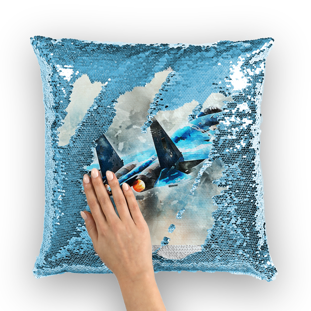 VIRGIN TEEZ Sequin Cover Light Blue / White SU-27 Flanker digital painting Sequin Cushion Cover