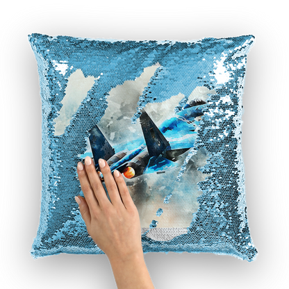 VIRGIN TEEZ Sequin Cover Light Blue / White SU-27 Flanker digital painting Sequin Cushion Cover