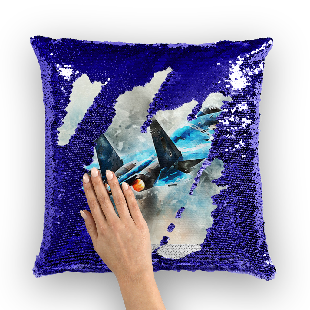 VIRGIN TEEZ Sequin Cover Navy / Silver SU-27 Flanker digital painting Sequin Cushion Cover