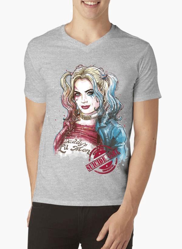 M Nidal Khan T-shirt SMALL / Gray Suicide Squad Harley Quin Half Sleeves V-Neck T-shirt