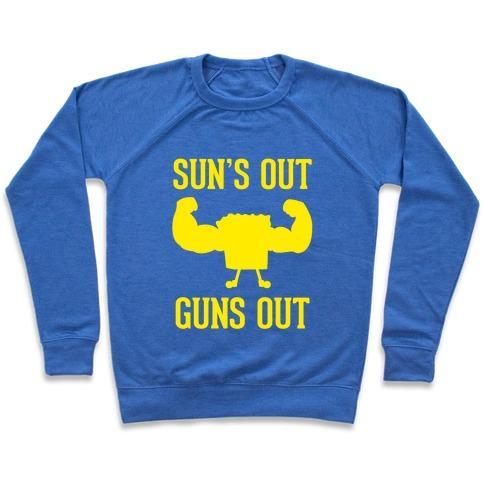 Virgin Teez  Pullover Crewneck Sweatshirt / x-small / Heathered Blue SUN'S OUT GUNS OUT CREWNECK SWEATSHIRT