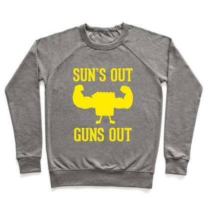 Virgin Teez  Pullover Crewneck Sweatshirt / x-small / Heathered Gray SUN'S OUT GUNS OUT CREWNECK SWEATSHIRT