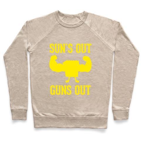 Virgin Teez  Pullover Crewneck Sweatshirt / x-small / Heathered Oatmeal SUN'S OUT GUNS OUT CREWNECK SWEATSHIRT