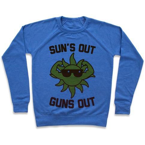 Virgin Teez  Pullover Crewneck Sweatshirt / x-small / Heathered Blue SUN'S OUT GUNS OUT CREWNECK SWEATSHIRT