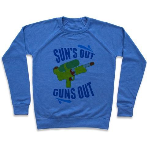 Virgin Teez  Pullover Crewneck Sweatshirt / x-small / Heathered Blue SUNS OUT, GUNS OUT CREWNECK SWEATSHIRT