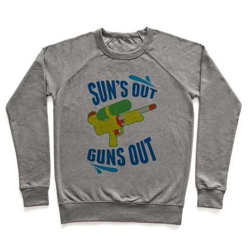 Virgin Teez  Pullover Crewneck Sweatshirt / x-small / Heathered Gray SUNS OUT, GUNS OUT CREWNECK SWEATSHIRT