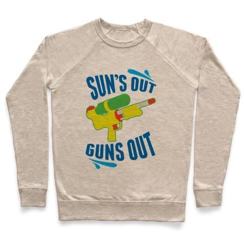 Virgin Teez  Pullover Crewneck Sweatshirt / x-small / Heathered Oatmeal SUNS OUT, GUNS OUT CREWNECK SWEATSHIRT