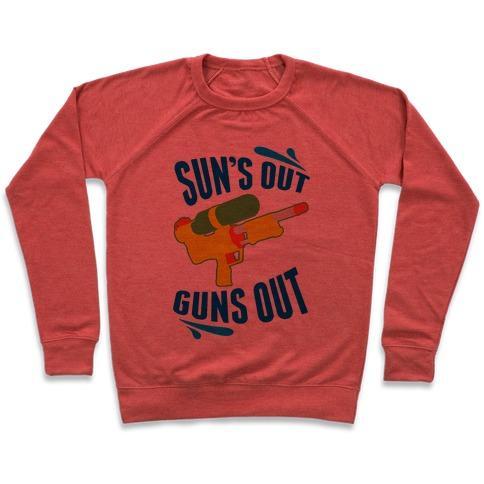 Virgin Teez  Pullover Crewneck Sweatshirt / x-small / Heathered Red SUNS OUT, GUNS OUT CREWNECK SWEATSHIRT