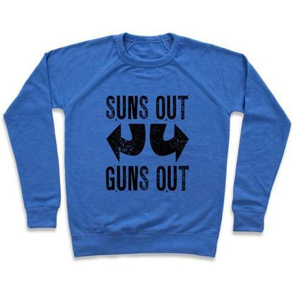 Virgin Teez  Pullover Crewneck Sweatshirt / x-small / Heathered Blue SUNS OUT, GUNS OUT (TANK) CREWNECK SWEATSHIRT