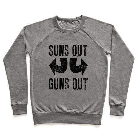 Virgin Teez  Pullover Crewneck Sweatshirt / x-small / Heathered Gray SUNS OUT, GUNS OUT (TANK) CREWNECK SWEATSHIRT