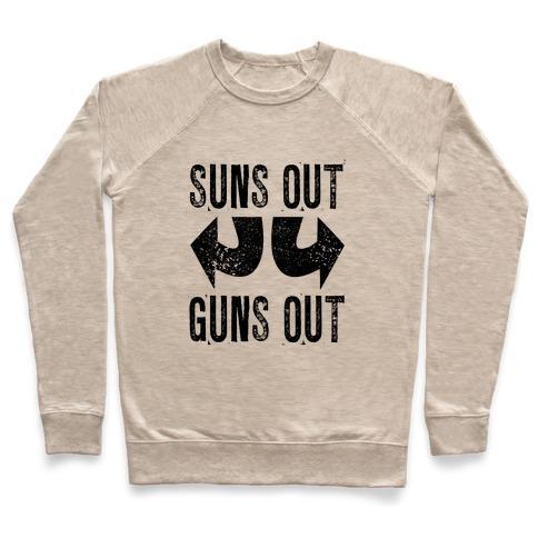 Virgin Teez  Pullover Crewneck Sweatshirt / x-small / Heathered Oatmeal SUNS OUT, GUNS OUT (TANK) CREWNECK SWEATSHIRT