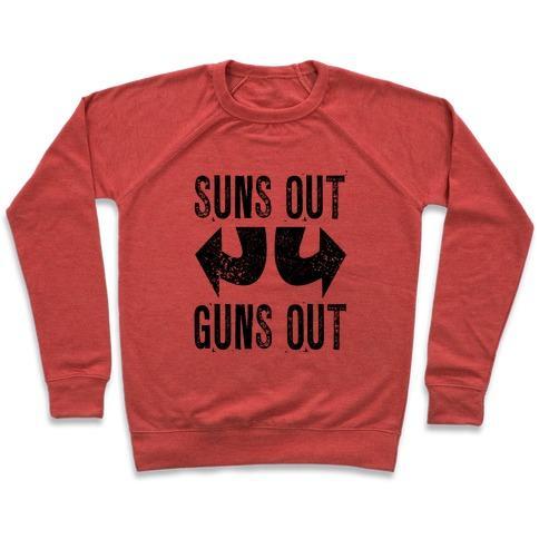 Virgin Teez  Pullover Crewneck Sweatshirt / x-small / Heathered Red SUNS OUT, GUNS OUT (TANK) CREWNECK SWEATSHIRT