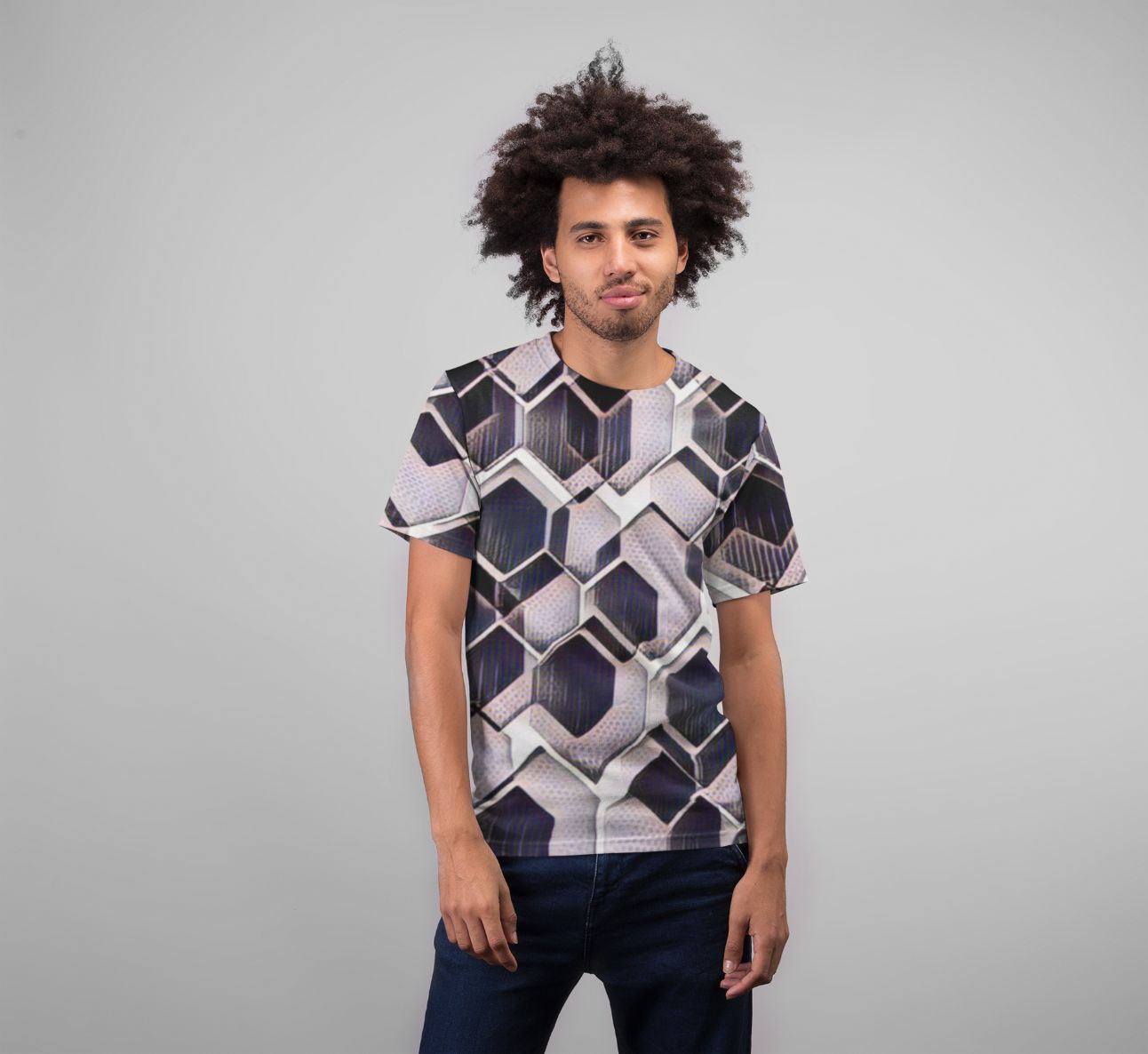 T-shirt mockup featuring a man with curly hair (55) Premium Sublimation Adult T-Shirt