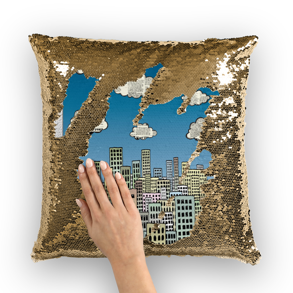 VIRGIN TEEZ Sequin Cover Gold / White The city of paper clouds Sequin Cushion Cover