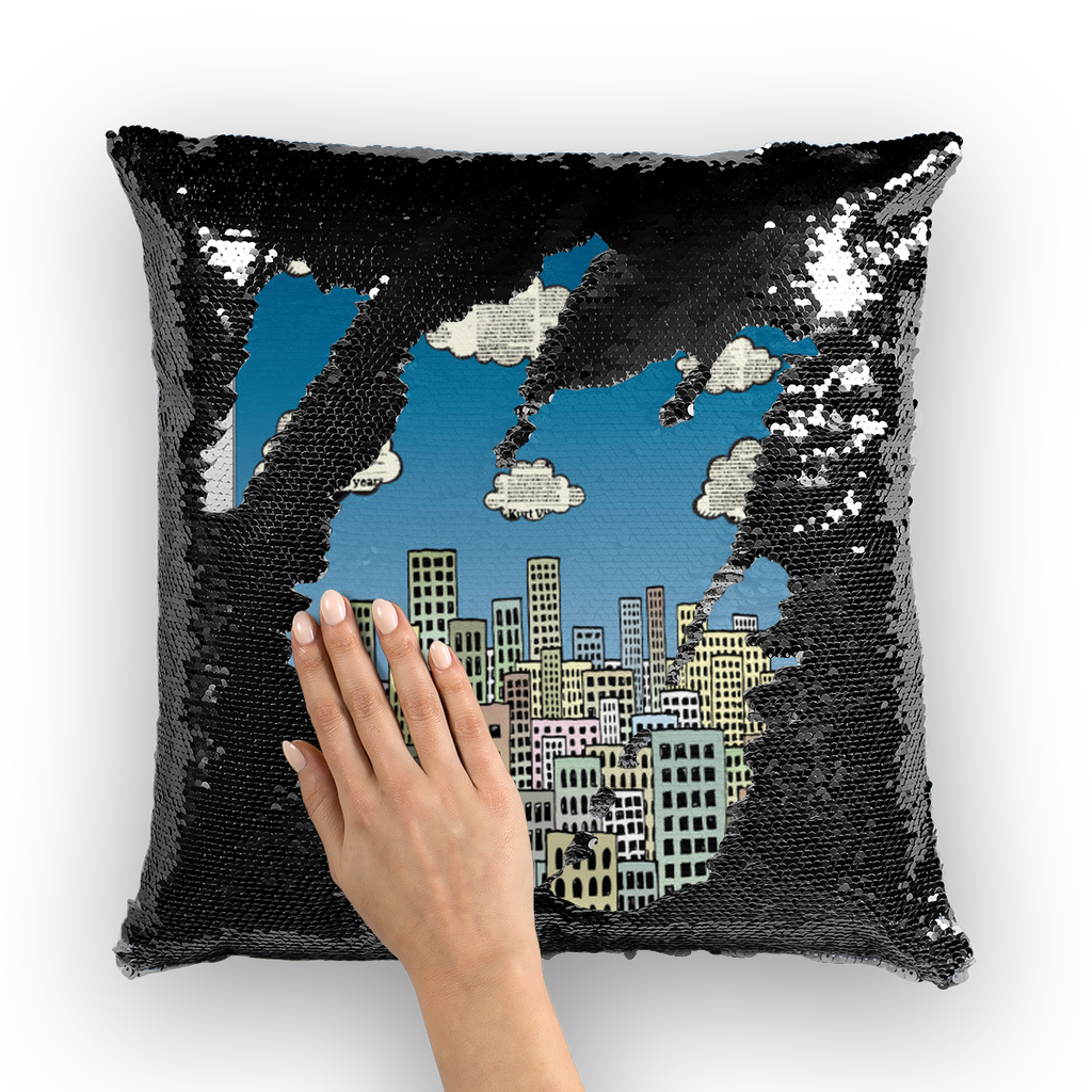 VIRGIN TEEZ Sequin Cover Black / White The city of paper clouds Sequin Cushion Cover