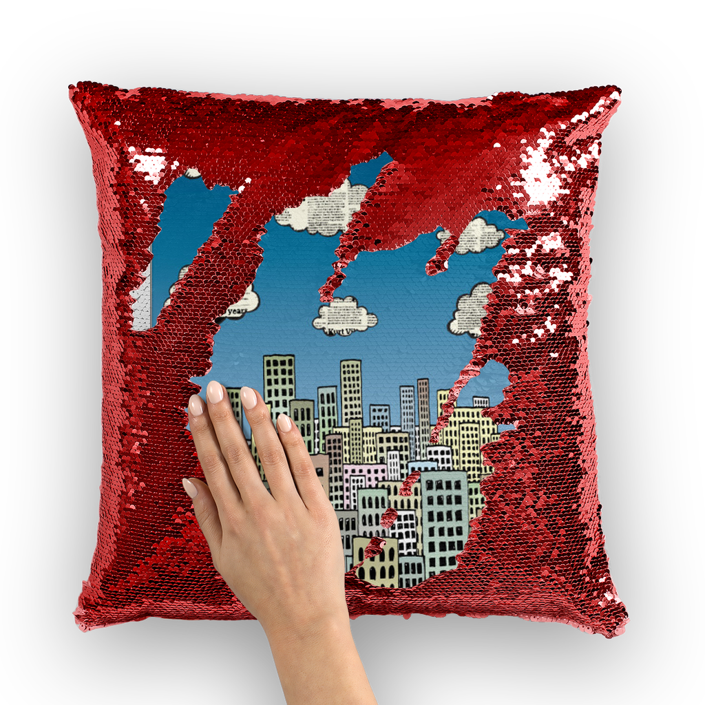 VIRGIN TEEZ Sequin Cover Red / White The city of paper clouds Sequin Cushion Cover