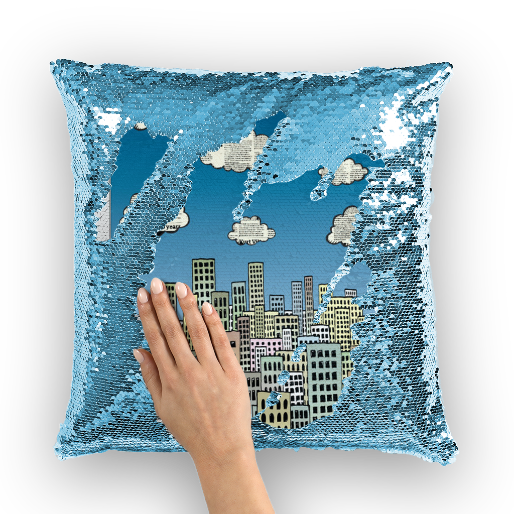 VIRGIN TEEZ Sequin Cover Light Blue / White The city of paper clouds Sequin Cushion Cover