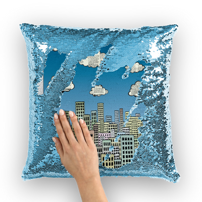 VIRGIN TEEZ Sequin Cover Light Blue / White The city of paper clouds Sequin Cushion Cover