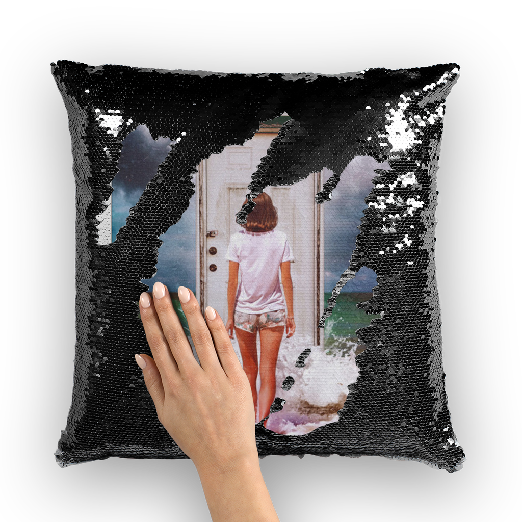 VIRGIN TEEZ Sequin Cover Black / White The Door Sequin Cushion Cover