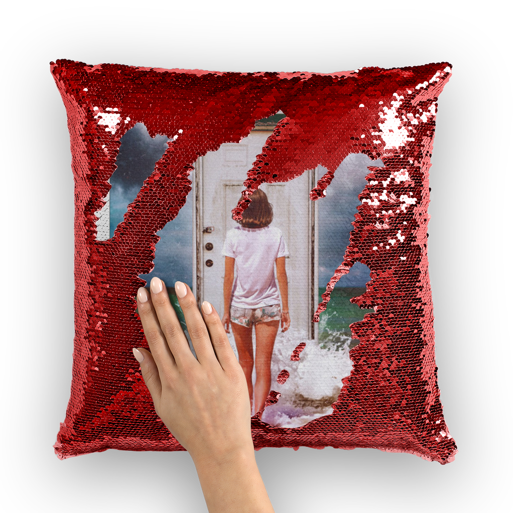 VIRGIN TEEZ Sequin Cover Red / White The Door Sequin Cushion Cover