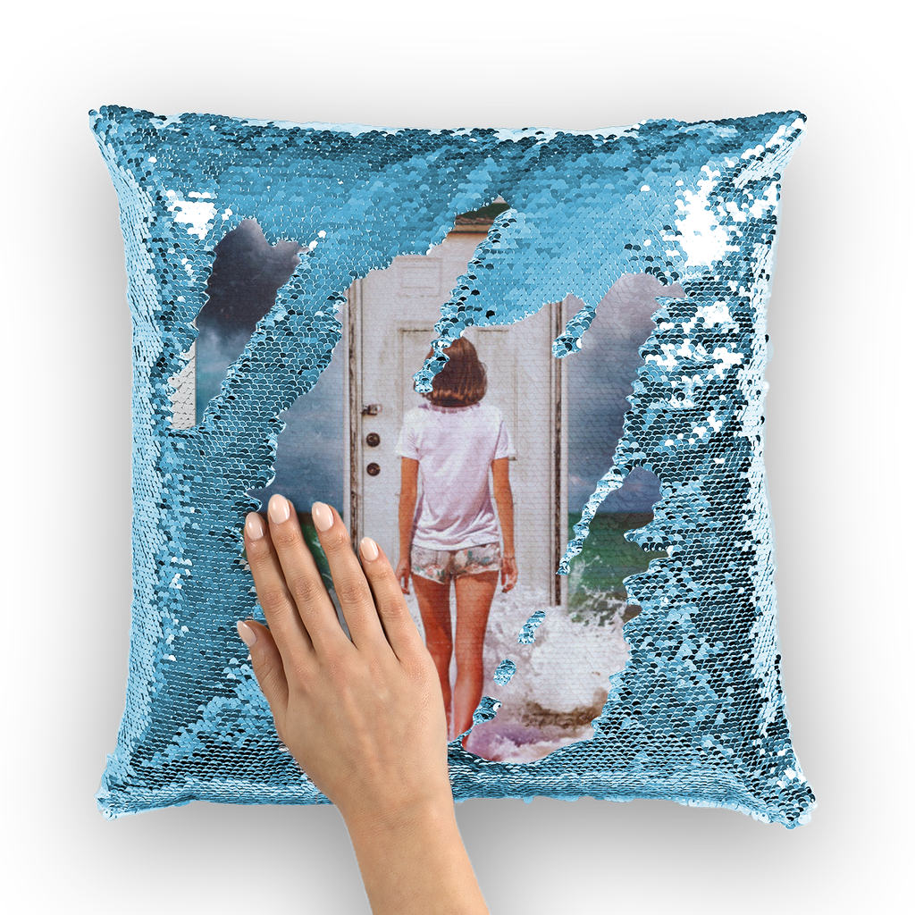 VIRGIN TEEZ Sequin Cover Light Blue / White The Door Sequin Cushion Cover