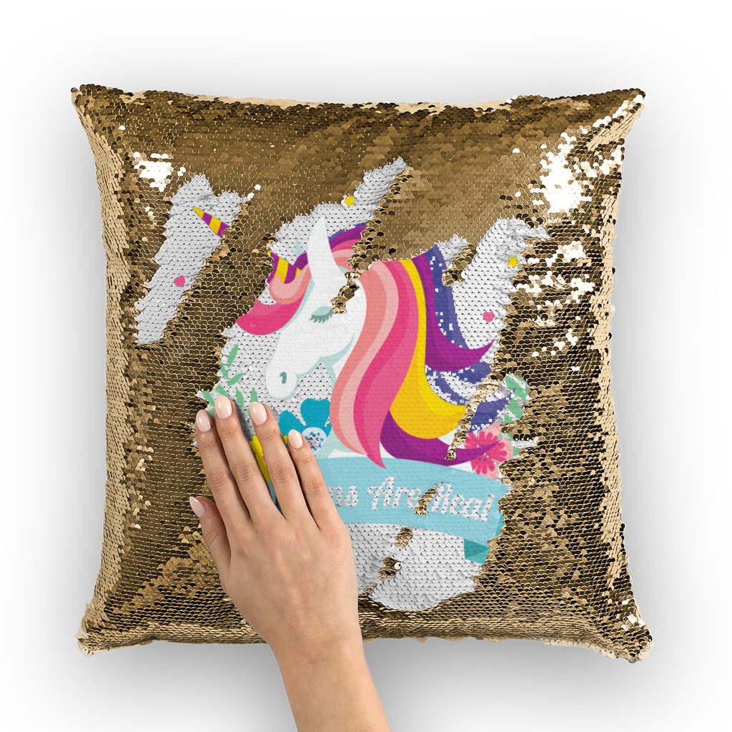 VIRGIN TEEZ Sequin Cover Gold / White Unicorns Are Real Sequin Cushion Cover