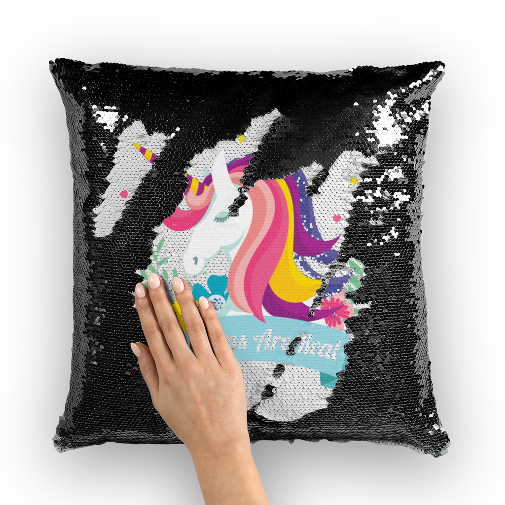 VIRGIN TEEZ Sequin Cover Black / White Unicorns Are Real Sequin Cushion Cover