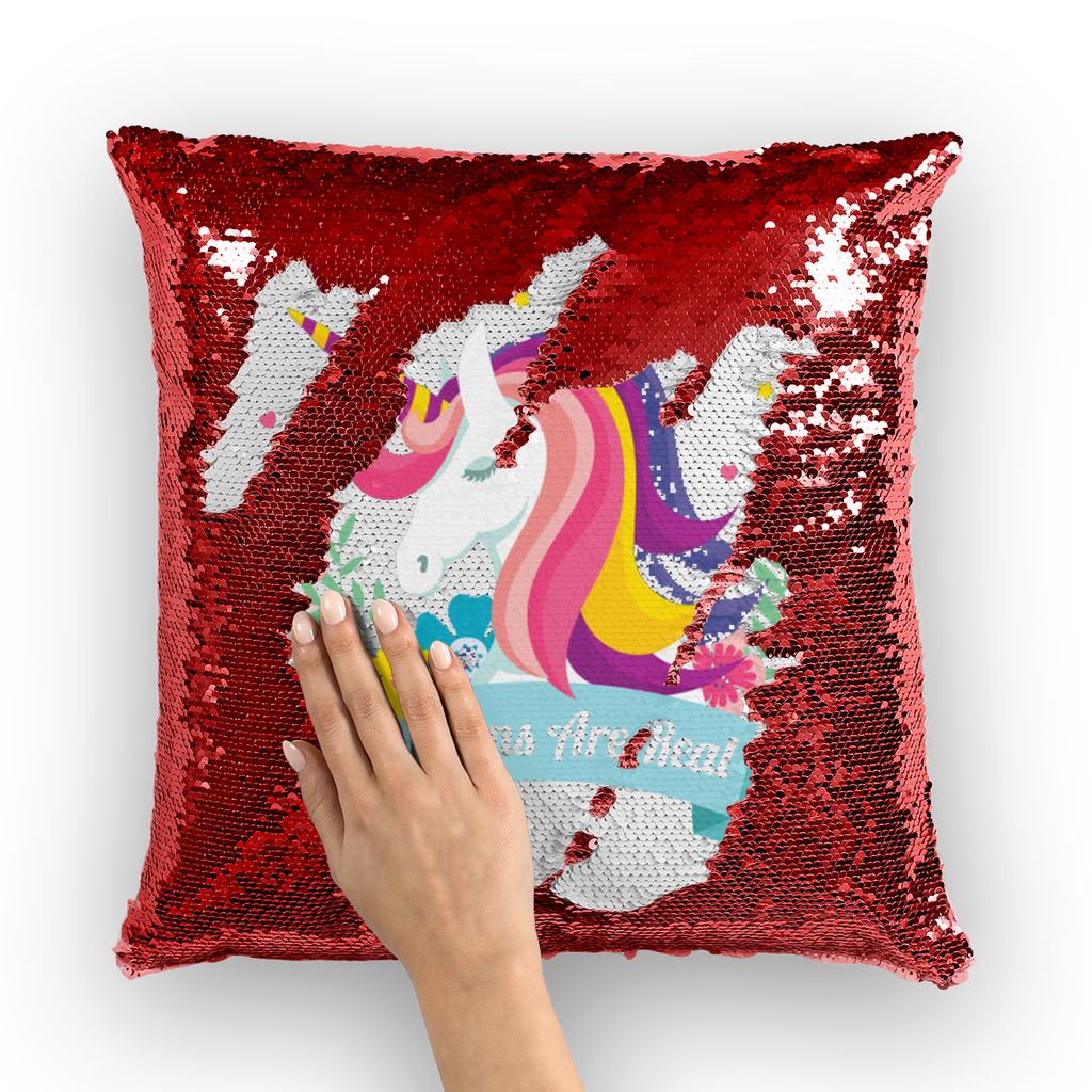 VIRGIN TEEZ Sequin Cover Red / White Unicorns Are Real Sequin Cushion Cover