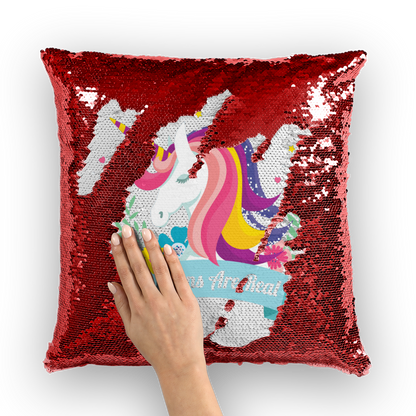 VIRGIN TEEZ Sequin Cover Red / White Unicorns Are Real Sequin Cushion Cover