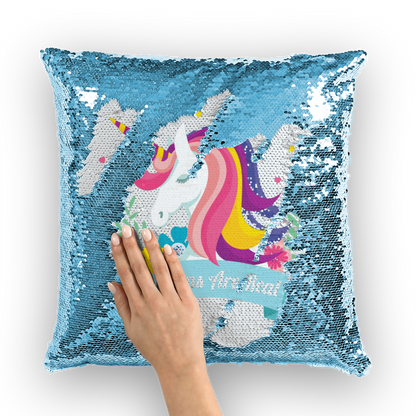 VIRGIN TEEZ Sequin Cover Light Blue / White Unicorns Are Real Sequin Cushion Cover