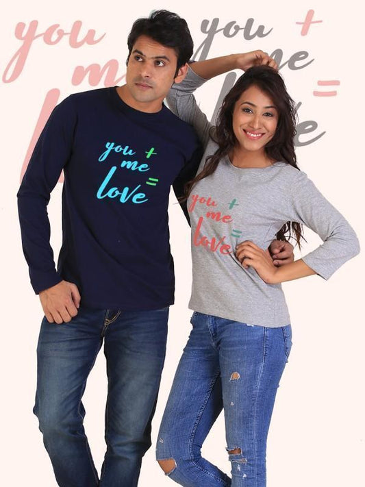 HUM TUM T-SHIRT You + Me = Love Couple Full Sleeves Navy and Gray